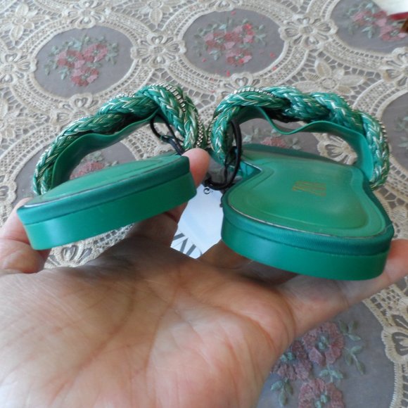 New Zara Green Woven Rhinestone Slip On Sandals Size 6M - Picture 11 of 14